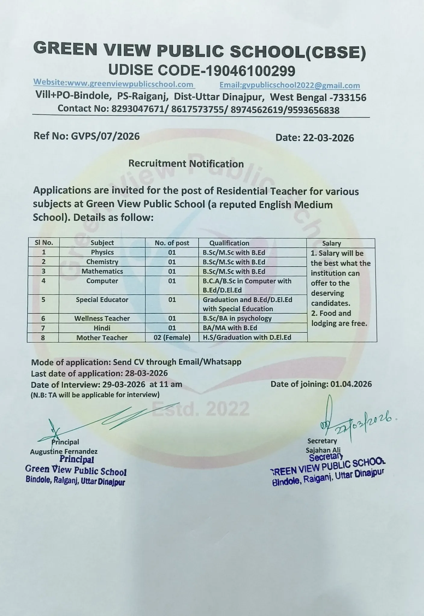 Green View Public School Teacher Recruitment 2026